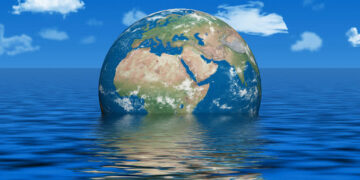 Earth partially submerged in a vast ocean symbolizing rising sea level