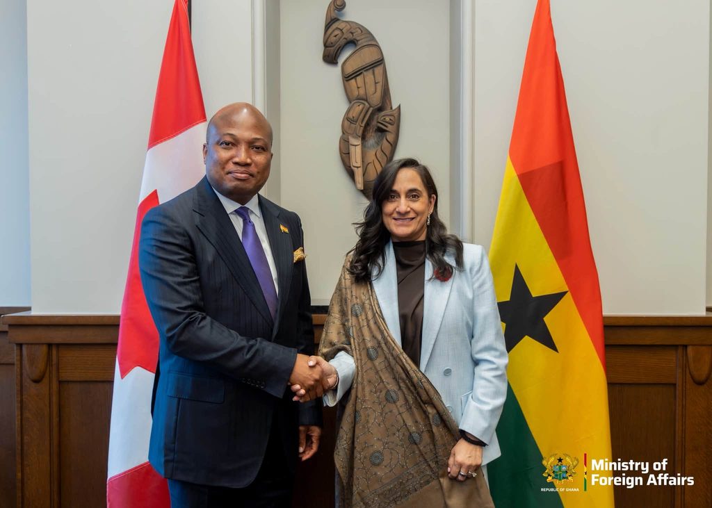 Foreign Affairs Minister Samuel Okudzeto Ablakwa and his Canadian counterpart, Anita Anand, exchange a handshake to advance economic cooperation and strengthen the longstanding partnership between Ghana and Canada.