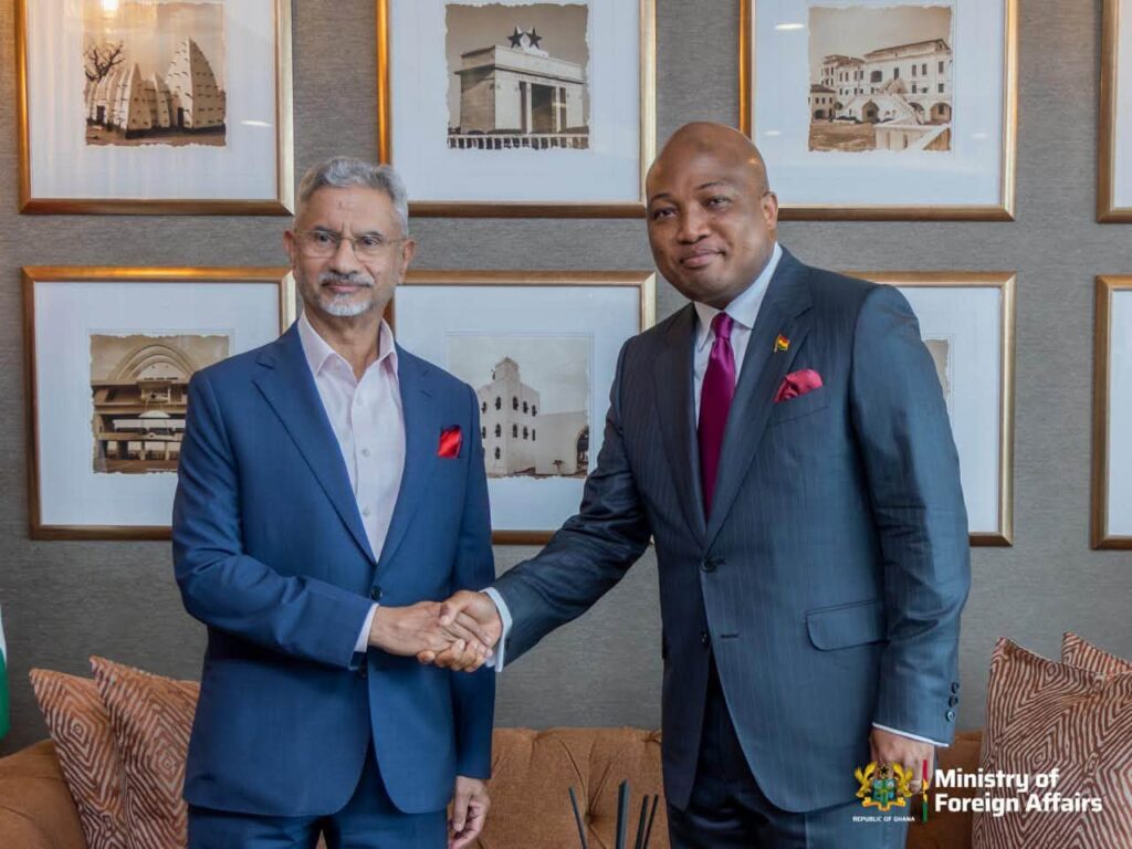 Cabinet Approves Ghana's BRICS Bid, Ablakwa Says, Citing Trade With India 4 Ablakwa and Jaishankar shake hands at the start of the visit, which Ablakwa described as a chance to deepen ties with a historical partner. Ghana and India signed several memoranda of understanding during the visit, covering areas including agriculture, healthcare and railways. Photo: Ministry of Foreign Affairs