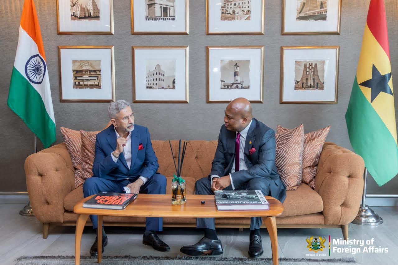 Foreign Affairs Minister Samuel Okudzeto Ablakwa in talks with India's External Affairs Minister, Dr Subrahmanyam Jaishankar, in Accra during the Indian minister's two-day official visit. Ablakwa announced during the visit that cabinet has approved Ghana's application to join BRICS. Photo: Ministry of Foreign Affairs
