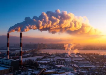Industrial smoke and greenhouse gas emissions rising from a factory
