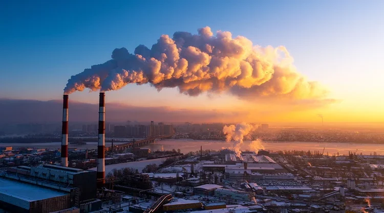 Industrial smoke and greenhouse gas emissions rising from a factory