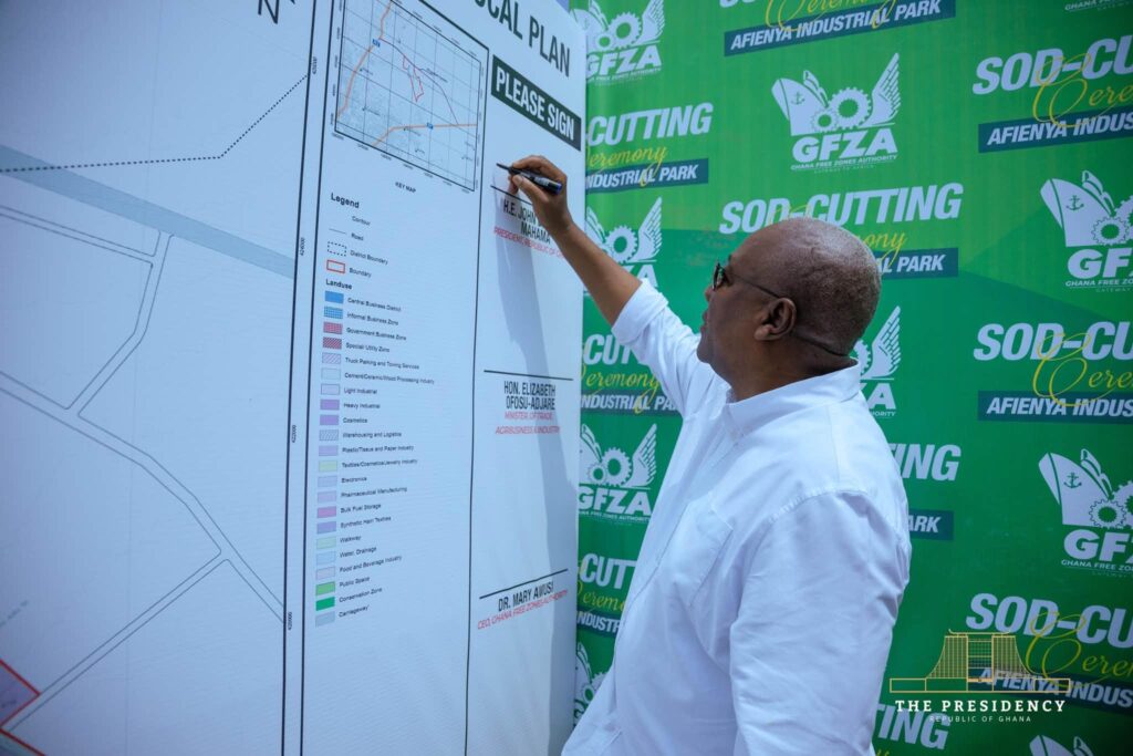 Mahama Breaks Ground for 1,238-acre Afienya Industrial Park 2 President John Dramani Mahama signs the local plan board at the sod-cutting ceremony for the Afienya Industrial Park in Greater Accra on Thursday, October 15, 2026. The board carries the signature spaces for the President, Trade, Agribusiness and Industry Minister Elizabeth Ofosu-Adjare, and Ghana Free Zones Authority CEO Dr. Mary Awusi.