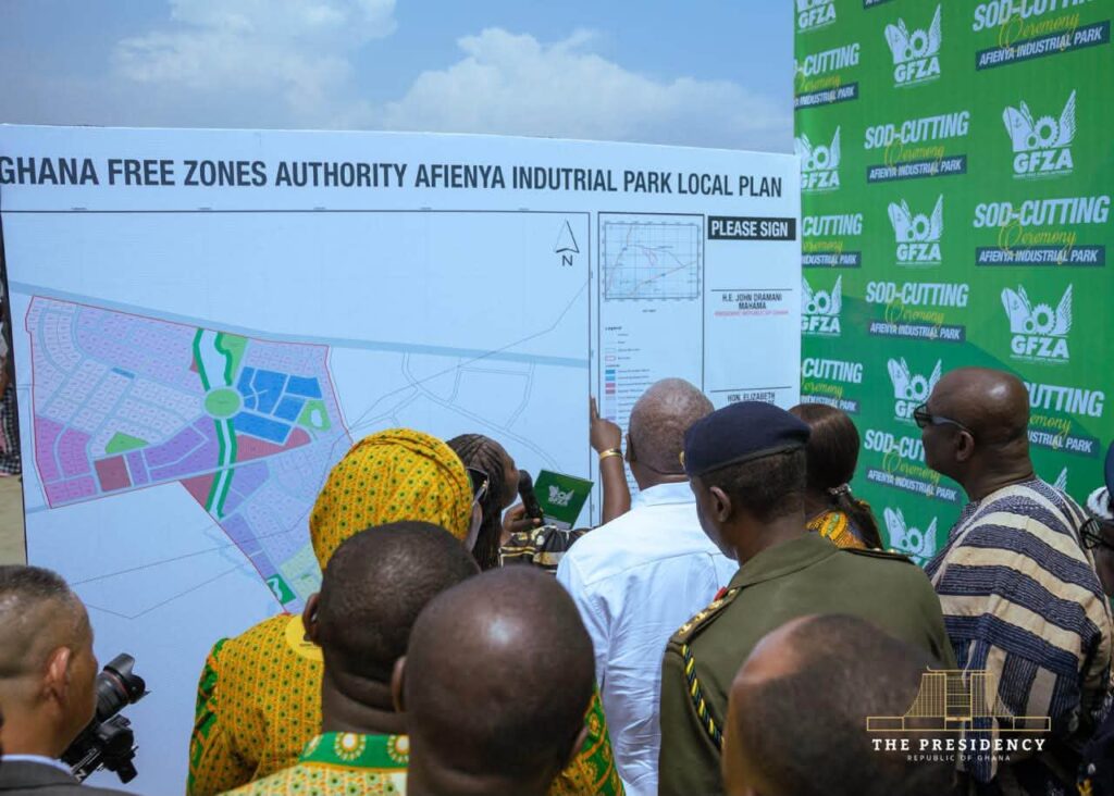Mahama Breaks Ground for 1,238-acre Afienya Industrial Park 3 President Mahama views the Ghana Free Zones Authority’s local plan for the Afienya Industrial Park, which is designed to host more than 120 enterprises.