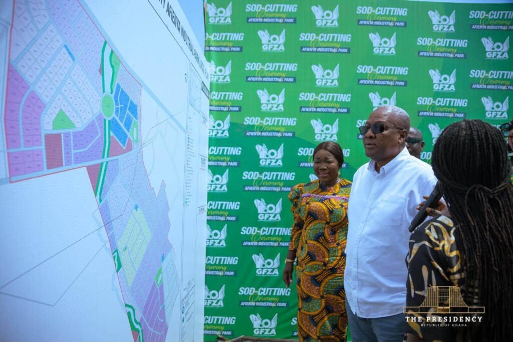 Mahama Breaks Ground for 1,238-acre Afienya Industrial Park 5 President Mahama views the Ghana Free Zones Authority’s local plan for the Afienya Industrial Park, which is designed to host more than 120 enterprises.
