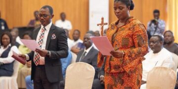 President Mahama Swears-in Dr Joseph Kwaku Asamoah and Emelia Afi Agbenyo as Deputy Chairpersons of the Electoral Commission at the Jubilee House