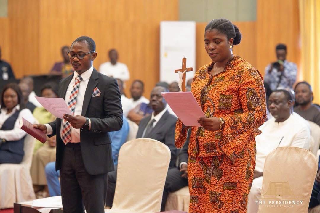 President Mahama Swears-in Dr Joseph Kwaku Asamoah and Emelia Afi Agbenyo as Deputy Chairpersons of the Electoral Commission at the Jubilee House