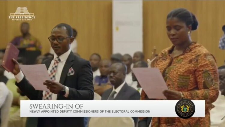 President Mahama Swears-in Dr Joseph Kwaku Asamoah and Emelia Afi Agbenyo as Deputy Chairpersons of the Electoral Commission at the Jubilee House