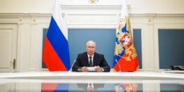 MOSCOW, RUSSIA - JUNE 30, 2020: Russia's President Vladimir Putin attends via video link the inauguration ceremonies for new medical centres built by Russia's Defence Ministry in Dagestan, Voronezh Region, and Penza Region. Alexei Druzhinin/Russian Presidential Press and Information Office/TASS (Photo by Alexei DruzhininTASS via Getty Images)
