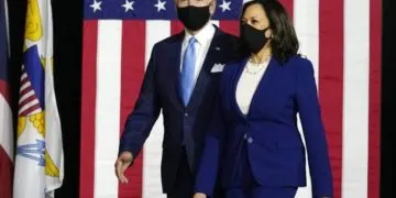 Biden and Harris make first appearance as running mates. Image credit: Associated Press