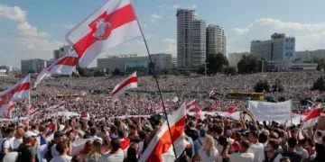 Protests against Belarus President. Image: Reuters