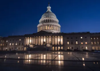 The Capitol is illuminated as the Senate works into the night to finish votes on amendments on the big debt ceiling and budget cuts package, at the Capitol in Washington, Thursday evening, June 1, 2023.