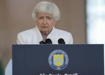 US Secretary of the Treasury Janet Yellen gives a press conference a day ahead of the G20 Finance Ministers and Central Bank Governors meetings in Sao Paulo, Brazil, February 27, 2024.