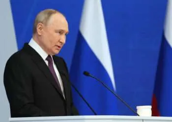 Putin Warns Of Nuclear War Risk 2 Russian President, Vladimir Putin delivers his state-of-the-nation address in Moscow, Russia, Thursday, Feb. 29, 2024.