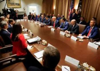 President Donald Trump hosts his first cabinet meeting with Elon Musk in attendance in Washington, DC, on February 26, 2025.