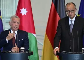 King Abdullah II Discusses Gaza Crisis With German Chancellor 1 German Chancellor Friedrich Merz (R) and Jordan's King Abdullah II address a press conference at the Chancellery in Berlin on July 29, 2025.